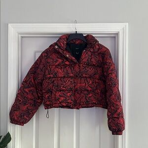Forever 21 Red and Black Patterned Puffer Jacket